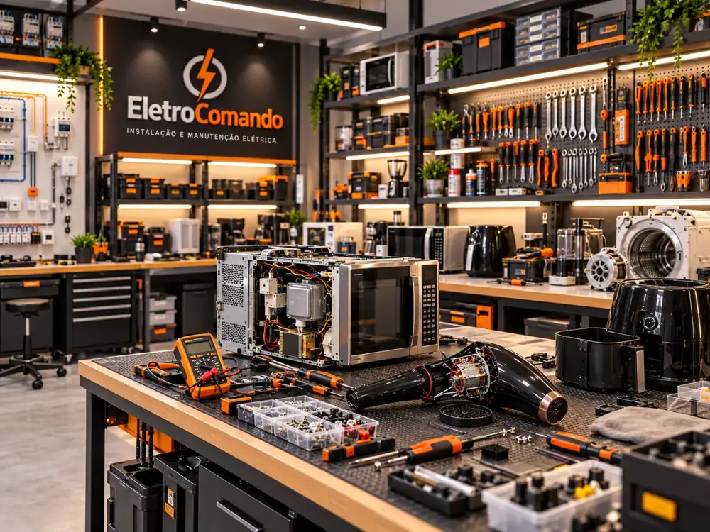 Oficina organizada da Eletro Comando para manutenção de eletrodomésticos